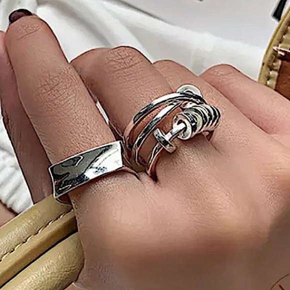 STERLING SILVER SPIN DISC SQUARE RING SET - Picture 5 of 13